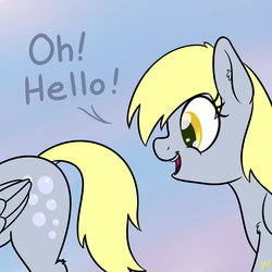 Size: 3000x3000 | Tagged: safe, artist:yakoshi, derpy hooves, pegasus, pony, g4, atg 2018, butt, cute, derpabetes, derpy being derpy, dock, ear fluff, female, gradient background, hello, high res, looking at something, mare, newbie artist training grounds, now you're thinking with portals, open mouth, plot, portal, shoulder fluff, silly, smiling, talking to butt