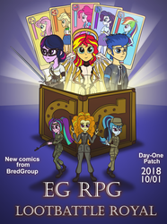 Size: 1400x1879 | Tagged: safe, artist:bredgroup, artist:sirvalter, adagio dazzle, aria blaze, flash sentry, sci-twi, sonata dusk, sunset shimmer, twilight sparkle, comic:eg rpg lootbattle royal, equestria girls, g4, announcement, ciri, clothes, comic, connor, cosplay, costume, crossover, detroit: become human, female, frying pan, gun, handgun, human female, human male, loot box, male, mercy, overwatch, pistol, rifle, rk800, shimmercy, sword, the witcher, video game, weapon