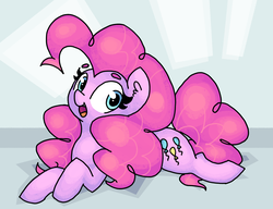 Size: 2600x2000 | Tagged: safe, artist:shovrike, pinkie pie, earth pony, pony, g4, cute, diapinkes, ear fluff, female, high res, mare, open mouth, prone, simple background, solo, sploot