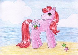 Size: 1024x715 | Tagged: safe, artist:normaleeinsane, strawberry reef, pony, g3, beach, female, solo, traditional art