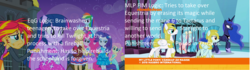 Size: 1538x432 | Tagged: safe, edit, edited screencap, screencap, applejack, cozy glow, fluttershy, pinkie pie, princess luna, rainbow dash, rarity, sunset shimmer, twilight sparkle, alicorn, pegasus, pony, equestria girls, g4, my little pony equestria girls, school raze, cage, cozybuse, crying, fall formal outfits, female, filly, guard, guardsmare, humane five, humane six, mare, ponied up, royal guard, sad, tartarus