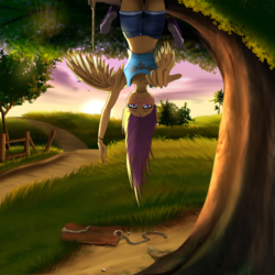 Size: 2000x2000 | Tagged: safe, artist:shimmi, scootaloo, anthro, g4, armpits, belly button, clothes, converse, female, fence, high res, midriff, shoes, shorts, sneakers, solo, swing, tank top, tree, tree branch, upside down