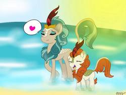 Size: 960x720 | Tagged: safe, artist:parn, autumn blaze, rain shine, kirin, g4, sounds of silence, beach, cute, female, heart, pictogram, relaxing