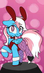 Size: 1844x3080 | Tagged: safe, artist:niggerdrawfag, oc, oc only, oc:beatrix, pegasus, pony, abstract background, bunny ears, bunny suit, clothes, commission, cuffs (clothes), fishnet stockings, solo, trans female, transgender