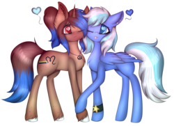 Size: 5539x4000 | Tagged: safe, artist:mimihappy99, oc, oc:heart sketch, oc:starlight starbright, pegasus, pony, unicorn, art trade, female, lesbian, mare, oc x oc, shipping, simple background, transparent background