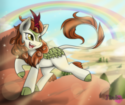 Size: 2106x1773 | Tagged: safe, artist:pencil bolt, autumn blaze, kirin, g4, sounds of silence, fangs, female, light, looking back, open mouth, rainbow, running, smiling, solo