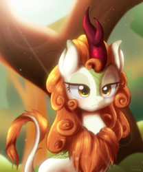 Size: 1200x1440 | Tagged: dead source, safe, artist:fromamida, autumn blaze, kirin, sounds of silence, beautiful, crepuscular rays, female, frown, lens flare, leonine tail, pretty, sitting, solo, unamused