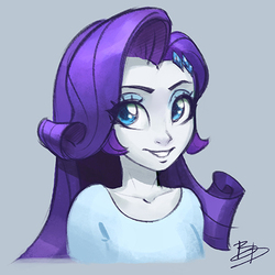 Size: 479x479 | Tagged: safe, artist:imdrunkontea, rarity, equestria girls, g4, blue background, bust, clothes, female, gray background, looking at you, shirt, signature, simple background, smiling, solo