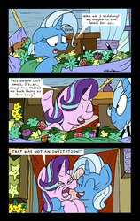 Size: 2015x3196 | Tagged: safe, artist:bobthedalek, starlight glimmer, trixie, pony, unicorn, g4, road to friendship, boop, comic, cozy, cuddling, duo, female, flower, hammock, high res, hug, inconvenient trixie, mare, non-consensual cuddling, noseboop, personal space invasion, trixie's wagon