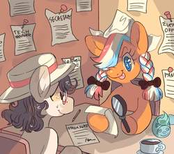 Size: 1094x966 | Tagged: artist needed, safe, oc, oc only, oc:ember, oc:ember (hwcon), unnamed oc, earth pony, pony, hearth's warming con, cup, duo, dutch cap, female, glasses, hat, hoof hold, magnifying glass, male, mare, mascot, netherlands, one eye closed, stallion, tongue out, underhoof
