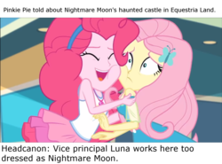 Size: 1460x1080 | Tagged: safe, edit, screencap, fluttershy, pinkie pie, equestria girls, equestria girls specials, g4, my little pony equestria girls: better together, my little pony equestria girls: rollercoaster of friendship, female, geode of fauna, geode of sugar bombs, headcanon, magical geodes, text