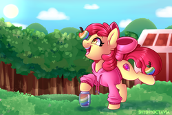 Size: 3543x2362 | Tagged: safe, artist:shyshyoctavia, apple bloom, earth pony, pony, adorabloom, apple, balancing, barn, clothes, cute, digital art, female, filly, food, grass, happy, high res, hoodie, jam, open mouth, ponies balancing stuff on their nose, profile, scenery, signature, smiling, solo, sweater, zap apple, zap apple jam