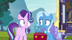 Size: 1920x1080 | Tagged: safe, screencap, starlight glimmer, trixie, pony, unicorn, g4, road to friendship, chest, discovery family logo, duo, embarrassed, eye contact, female, looking at each other, mare, trixie's wagon, weirded out, wide eyes