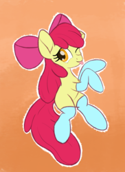 Size: 2000x2750 | Tagged: safe, artist:litrojia, apple bloom, earth pony, pony, g4, :p, adorabloom, bow, clothes, cute, female, filly, gradient background, high res, one eye closed, socks, solo, tongue out, wink