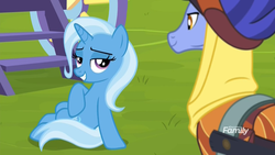 Size: 1920x1080 | Tagged: safe, screencap, hoo'far, trixie, pony, saddle arabian, unicorn, g4, road to friendship, discovery family logo, duo, eye contact, female, flirting, looking at each other, male, mare, sitting, smiling, stallion, trixie's wagon