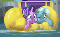 Size: 1024x623 | Tagged: safe, artist:grissaecrim, starlight glimmer, trixie, pony, unicorn, g4, road to friendship, cheek squish, cheek to cheek, duo, female, ghastly gorge, i guess we're stuck together, inflatable, inflatable raft, mare, one eye closed, prone, raft, river, scene interpretation, shipping fuel, squished, squishy, squishy cheeks, water, we're friendship bound