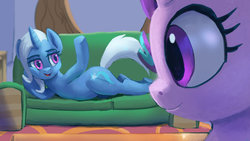 Size: 1024x576 | Tagged: safe, artist:grissaecrim, starlight glimmer, trixie, pony, unicorn, g4, road to friendship, couch, draw me like one of your french girls, duo, female, mare, open mouth, prone, scene interpretation, underhoof, wrong eye color