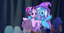 Size: 1024x537 | Tagged: safe, artist:grissaecrim, hoo'far, princess flurry heart, starlight glimmer, trixie, pony, unicorn, g4, road to friendship, audience, cape, clothes, crowd, duo, female, hat, mare, open mouth, rearing, scene interpretation, smiling, stage, trixie's cape, trixie's hat, wrong eye color