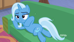 Size: 1920x1080 | Tagged: safe, screencap, trixie, pony, unicorn, g4, road to friendship, couch, draw me like one of your french girls, female, lidded eyes, mare, on side, solo, starlight's office