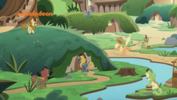 Size: 1334x750 | Tagged: safe, screencap, applejack, autumn afternoon, green grove, maple brown, sparkling brook, spring glow, winter flame, earth pony, kirin, pony, g4, sounds of silence, background kirin, bucket, female, fruit stand, kirin village, male, mare, river, sneezing, stream, water