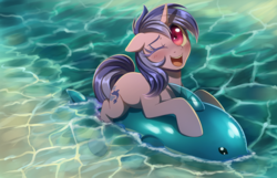 Size: 2800x1800 | Tagged: dead source, safe, artist:verawitch, sea swirl, seafoam, dolphin, pony, unicorn, g4, blushing, commission, cute, female, floppy ears, inflatable, inflatable dolphin, inflatable toy, looking at you, ocean, one eye closed, open mouth, pool toy, riding, seadorable, solo, wink