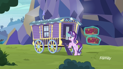 Size: 1920x1080 | Tagged: safe, screencap, starlight glimmer, pony, unicorn, g4, road to friendship, butt, discovery family logo, female, glowing horn, horn, levitation, luggage, magic, mare, plot, solo, telekinesis, trixie's wagon, trunk, twilight's castle