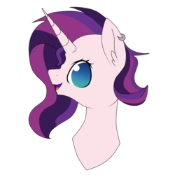 Size: 750x750 | Tagged: safe, artist:princess-of-the-nigh, oc, oc only, oc:evening glitter, pony, unicorn, icey-verse, bust, commission, ear piercing, earring, female, jewelry, magical lesbian spawn, mare, next generation, offspring, open mouth, parent:starlight glimmer, parent:sunset shimmer, parents:shimmerglimmer, piercing, simple background, solo, transparent background