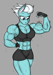 Size: 938x1328 | Tagged: safe, artist:calm wind, artist:matchstickman, fleetfoot, anthro, g4, 1000 years in photoshop, abs, biceps, breasts, busty fleetfoot, clothes, fleetflex, flexing, gloves, muscles, muscular female, no tail, sports bra, sweat, wingless, wingless anthro, workout outfit