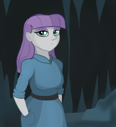 Size: 1353x1478 | Tagged: safe, artist:paskanaakka, derpibooru exclusive, maud pie, equestria girls, g4, cave, clothes, dress, eyeshadow, female, hand in pocket, looking at you, makeup, solo