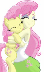 Size: 1200x1920 | Tagged: safe, artist:theroyalprincesses, fluttershy, human, pegasus, pony, equestria girls, g4, clothes, cute, daaaaaaaaaaaw, eyes closed, holding a pony, hug, human ponidox, self paradox, self ponidox, shyabetes, simple background, skirt, smiling, tank top, weapons-grade cute, white background