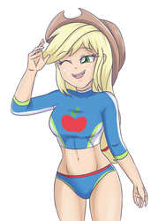 Size: 2728x3637 | Tagged: safe, artist:sumin6301, applejack, equestria girls, equestria girls series, g4, applejack's hat, belly button, bikini, blue bikini, breasts, busty applejack, clothes, cowboy hat, curvy, cute, female, freckles, hat, high res, midriff, one eye closed, open mouth, simple background, solo, stetson, swimsuit, underwear, white background, wink