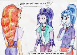 Size: 3461x2508 | Tagged: safe, artist:40kponyguy, derpibooru exclusive, adagio dazzle, aria blaze, sonata dusk, equestria girls, g4, my little pony equestria girls: rainbow rocks, annoyed, high res, implied vulgar, looking at each other, pigtails, simple background, the dazzlings, traditional art, twintails, white background