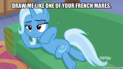 Size: 600x337 | Tagged: safe, edit, edited screencap, screencap, trixie, pony, unicorn, g4, road to friendship, couch, discovery family logo, draw me like one of your french girls, female, image macro, mare, meme, memeful.com, prone, smiling, solo, titanic