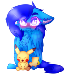 Size: 1391x1473 | Tagged: safe, artist:honeybbear, oc, oc only, oc:static, pegasus, pikachu, pony, blushing, chest fluff, female, floppy ears, mare, pokémon, pokémon red and blue, simple background, solo, transparent background