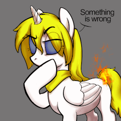 Size: 1100x1100 | Tagged: safe, artist:a1tar, oc, oc:deadie, alicorn, pony, unicorn, alicorn oc, animated, blonde, blue eyes, burned, burned butt, butt fire, commission, fire, funny, gif, hair, horn, oblivious, on fire, simple background, solo, text, thinking, wings, ych result
