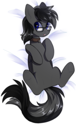 Size: 475x785 | Tagged: safe, artist:sevedie, oc, oc:shadow, pegasus, pony, blue eyes, body pillow, collar, cute, glasses, looking at you, lying, male, on back, open mouth, shy, spread legs, spreading
