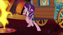 Size: 1280x720 | Tagged: safe, screencap, starlight glimmer, pony, unicorn, g4, road to friendship, female, fire, fire swamp, flame geyser, mare, open mouth, scared, solo, wagon