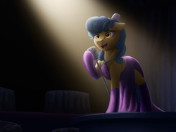 Size: 1024x768 | Tagged: safe, artist:novaintellus, sapphire shores, earth pony, pony, g4, clothes, dress, female, mare, microphone, singing, smiling, solo