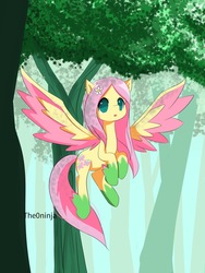 Size: 3024x4032 | Tagged: safe, artist:thezeroninja, fluttershy, pegasus, pony, g4, colored fetlocks, colored hooves, colored wings, female, flower, flower in hair, forest, looking at you, mare, open mouth, solo, spread wings, wings