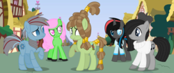 Size: 1024x430 | Tagged: safe, artist:leanne264, oc, oc only, oc:boring song, oc:bubble tea, oc:cedarwood, oc:z.a.p.p, oc:zachary, earth pony, pony, robot, robot pony, unicorn, beret, clothes, female, hat, male, mare, offspring, parent:mud briar, parent:tree hugger, stallion, sweater