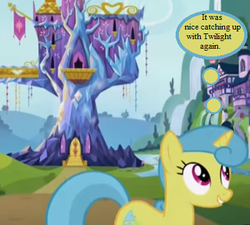 Size: 390x351 | Tagged: safe, edit, edited screencap, editor:korora, screencap, lemon hearts, g4, sounds of silence, cropped, implied twilight sparkle, school of friendship, text, thought bubble, twilight's castle, waterfall