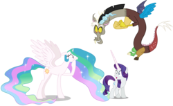 Size: 3955x2416 | Tagged: safe, artist:dashiesparkle edit, artist:hendro107, artist:parclytaxel, edit, edited edit, editor:slayerbvc, vector edit, discord, princess celestia, rarity, alicorn, draconequus, pony, unicorn, celestial advice, dungeons and discords, g4, the gift of the maud pie, accessory-less edit, bare hooves, body part swap, discord being discord, faic, female, high res, horn, looking down, male, mare, missing accessory, partial body swap, raised hoof, shocked, simple background, spread wings, surprised, swap, transparent background, vector, wide eyes, wings