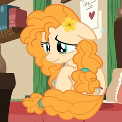 Size: 649x649 | Tagged: safe, screencap, pear butter, earth pony, pony, g4, the perfect pear, bed, cropped, crying, female, flower, flower in hair, looking down, mare, sad, sitting, solo