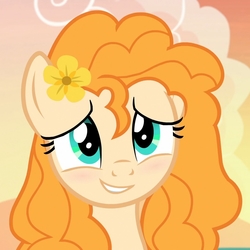 Size: 1080x1080 | Tagged: safe, screencap, pear butter, earth pony, pony, g4, the perfect pear, blushing, bust, cropped, cute, female, flower, flower in hair, mare, pearabetes, portrait, smiling, solo