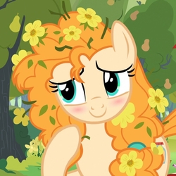 Size: 932x932 | Tagged: safe, screencap, pear butter, earth pony, pony, g4, the perfect pear, blushing, cropped, cute, female, flower, flower in hair, mare, pearabetes, smiling, solo