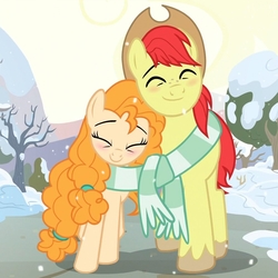 Size: 899x899 | Tagged: safe, screencap, bright mac, pear butter, earth pony, pony, g4, the perfect pear, blushing, clothes, cropped, cuddling, cute, eyes closed, female, happy, love, male, mare, scarf, shared clothing, shared scarf, ship:brightbutter, shipping, smiling, snow, stallion, straight, walking, winter