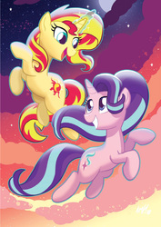 Size: 2550x3600 | Tagged: safe, artist:tony fleecs, starlight glimmer, sunset shimmer, pony, unicorn, g4, art is magic, duo, female, floating, glowing horn, high res, horn, looking at each other, magic, magic aura, mare, smiling