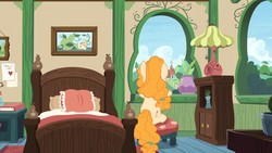 Size: 1920x1080 | Tagged: safe, screencap, pear butter, earth pony, pony, g4, the perfect pear, bed, bedroom, female, rear view, solo, window, you're in my head like a catchy song