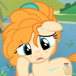 Size: 788x788 | Tagged: safe, screencap, pear butter, pony, g4, the perfect pear, confused, cropped, female, solo, water, wet, wet mane, younger