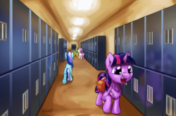Size: 1600x1052 | Tagged: safe, artist:shaliwolf, lemon hearts, minuette, twilight sparkle, twinkleshine, pony, unicorn, g4, chest fluff, corridor, cute, female, filly, filly twilight sparkle, happy, lockers, open mouth, saddle bag, school, smiling, walking, younger